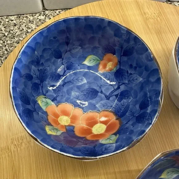 Vintage Japanese Porcelain Arita Juzan Gama Namasu Showa Peony Bowls Set Of 3 - Picture 3 of 12